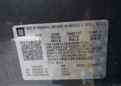 2019 Chevrolet Equinox Lt z USA, uszkodzony, nr VIN 3GNAXKEV1KS636123